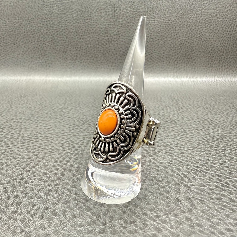 Silver Tone Statement Ring Adjustable Wide Stretch Band Boho Orange Cabochon‎